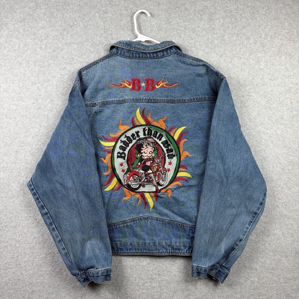 Vintage Betty Boop Denim Jacket Women's Large Blue Biker Babe Embroidered Patch